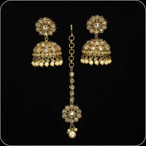 Resplendent Traditional AD Jhumki Earrings And Tikka Set