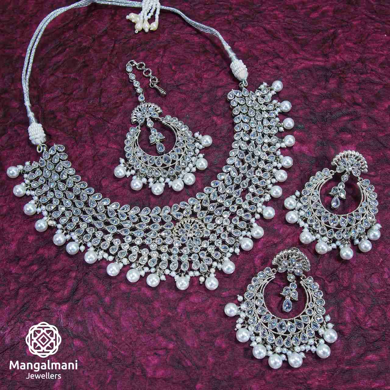 Elegant Set Of Silver Pink Color Diamond Necklace, Earrings With Mangtika